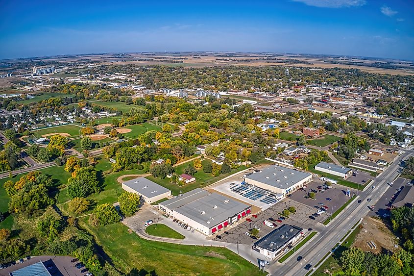 Aerial view of downtown Madison, South Dakota.