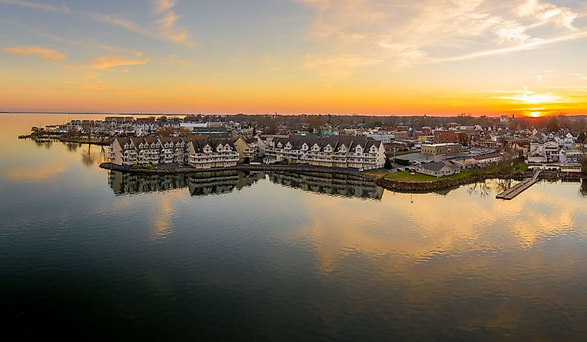 Aerial sunset panorama of Havre de Grace Maryland