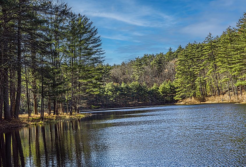 View of Pearl Hill Brook Pond in Pearl Hill State Park in Massachusetts.