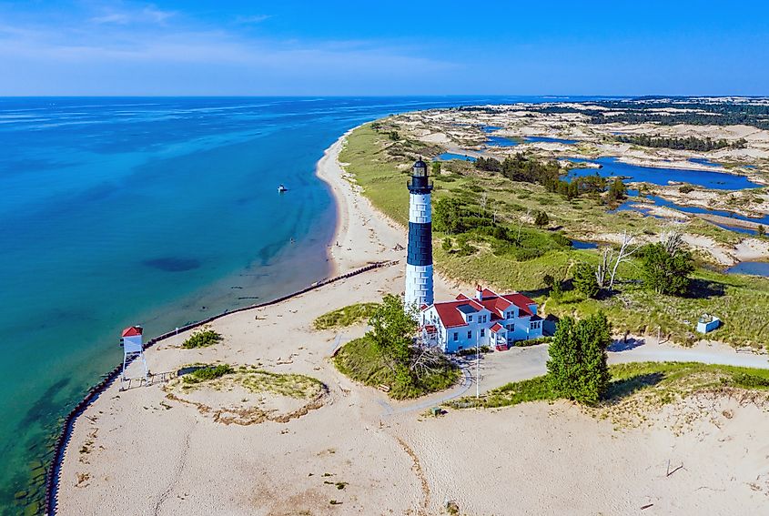 Aerial view of the Big Sable Point Lighthouse near Ludington, Michigan.