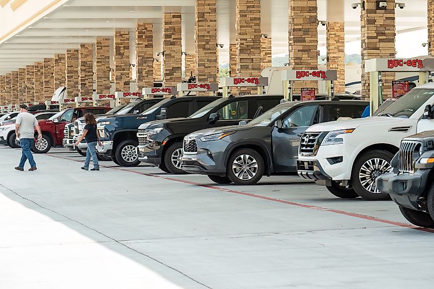 A steady line of vehicles fuel up at a newly opened Buc-ees in Sevierville, Tennessee