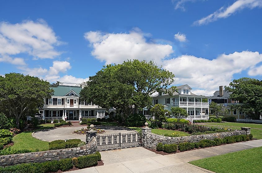 Historic homes along Front St in downtown Beaufort, North Carolina.