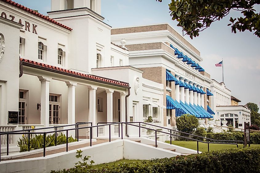 A look at the many different bathhouse buildings along Bathhouse Row in Hot Springs, Arkansas. Specifically seen in Hot Springs National Park.