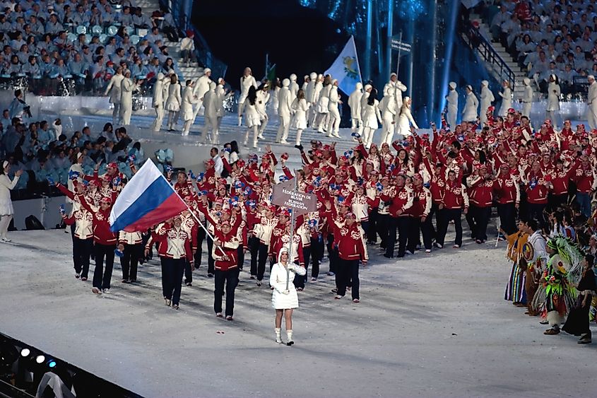 The Russian Olympic team arriving in Vancouver for the 2010 Winter Games. Image credit Jude Freeman via Wikimedia. 