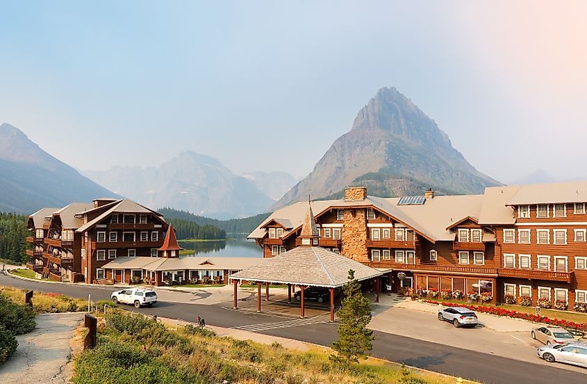 The Many Glacier Hotel at at sunrise in Browning, Montana.