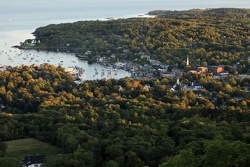 Scenic view from Mount Battie overlooking Camden and West Penobscot Bay in Maine