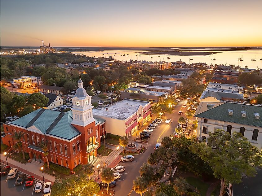 Fernandina Beach, Florida, USA historic downtown cityscape at dusk.