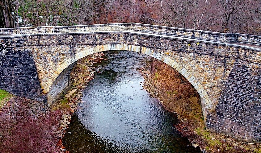 The Casselman Bridge, a historic transportation structure on the Casselman River, located east of Grantsville in Garrett County, Maryland. Built from 1813 to 1814.