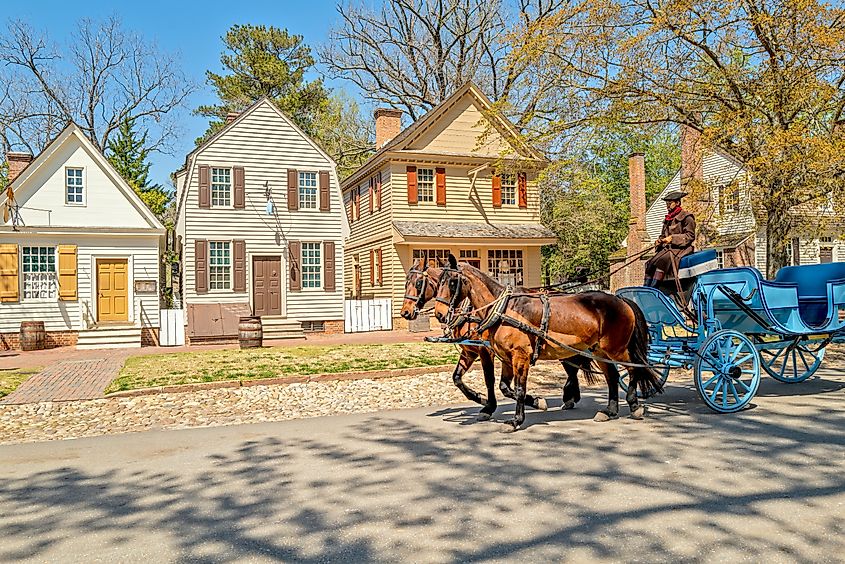 Horse Carriage near houses in Williamsburg, Virginia, USA.