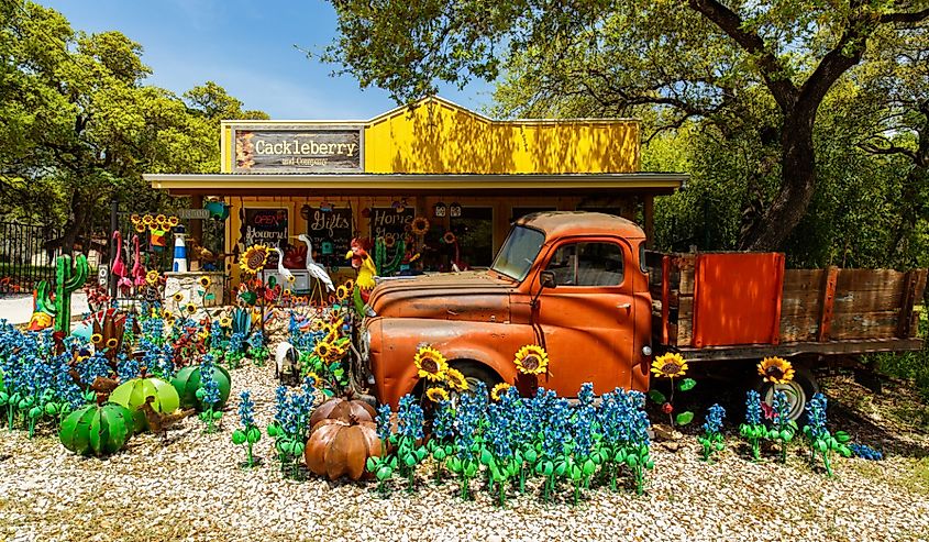 Colorful shop with artwork on display in Wimberley, Texas.