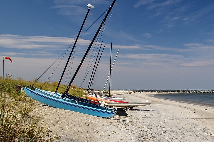 Boats docked at the beachside in Lewes, Delaware. 