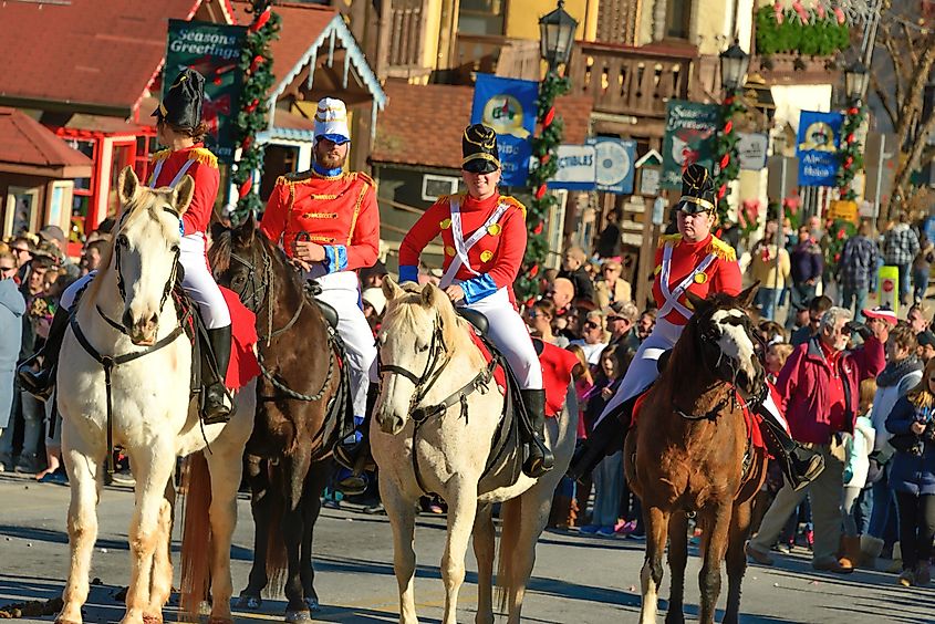 HELEN, GEORGIA, USA--DECEMBER 10, 2016--A group of nutcrackers participate in the Helen, Georgia celebration known as Christkindlmarkt. Helen is a Bavarian Germany style village.