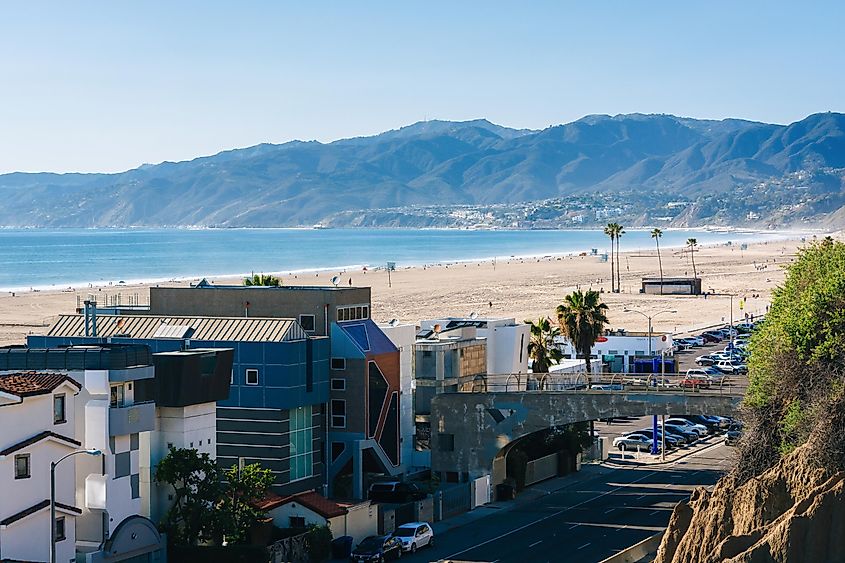 View of Pacific Coast Highway and the Santa Monica Mountains from Palisades Park, in Santa Monica, California