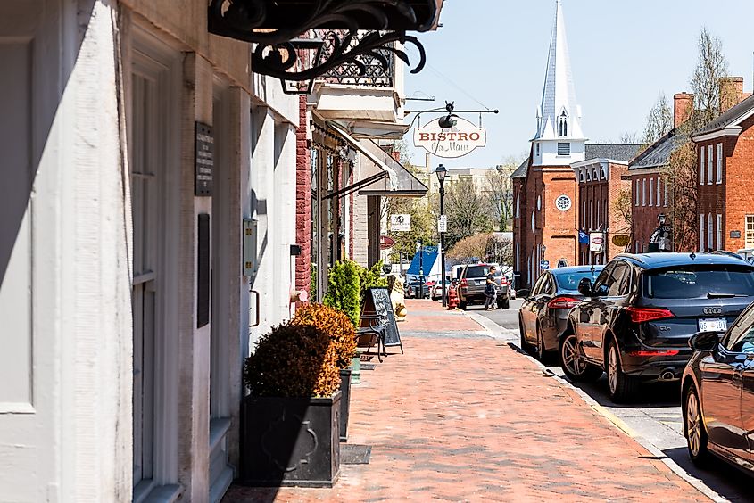 Shopping street in the historic downtown district of Lexington, Virginia.