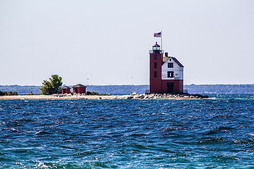Round Island Light in the shipping lanes of the Straits of Mackinac.