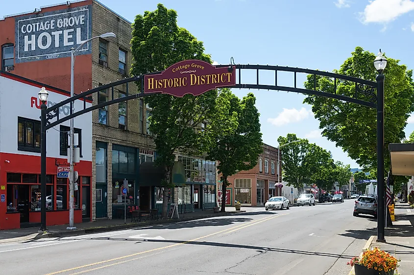 Arched sign across East Main Street in Cottage Grove Historic District, Oregon