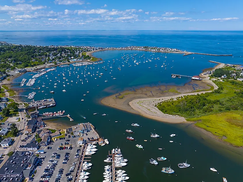 Aerial view of Scituate Harbor and its marinas in Scituate, Massachusetts.