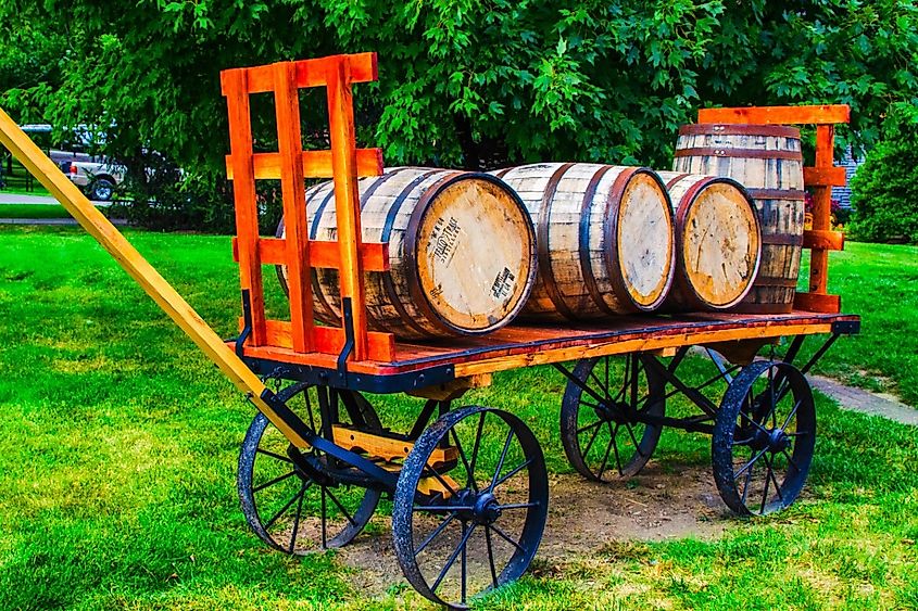 Whiskey barrels on a wagon at a distillery, Georgetown, Kentucky.