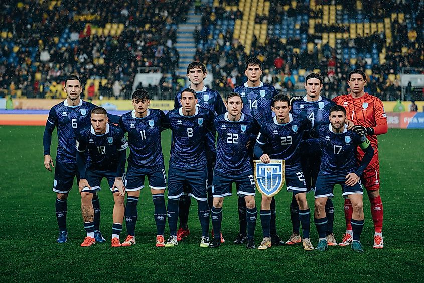 San Marino’s national team group photo before kickoff against Romania. Editorial credit: Cristi Mitu / Shutterstock.com
