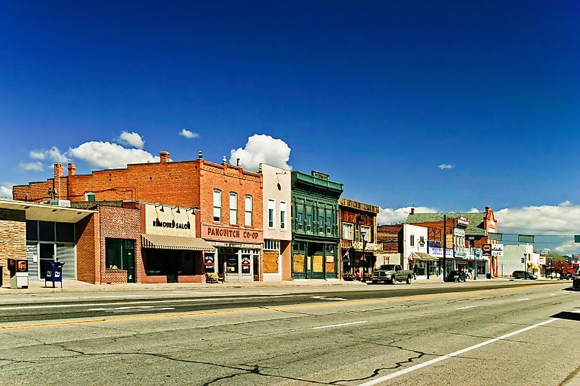 Businesses lined along a street in Panguitch, Utah.