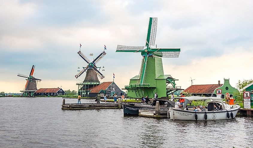 View at the Windmills in open-air museum in Zaanse Schans.