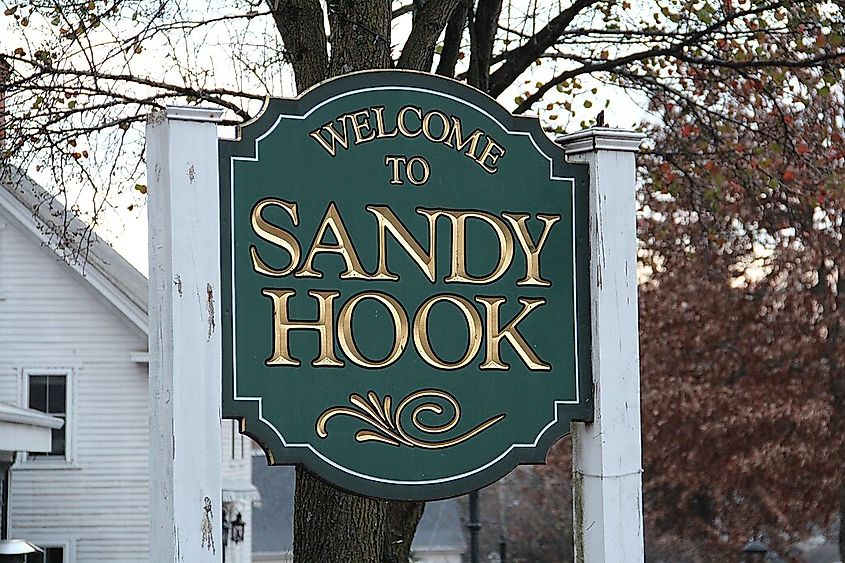 Sandy Hook, CT. https://commons.wikimedia.org/wiki/File:Sandy_Hook_town_sign.jpg https://upload.wikimedia.org/wikipedia/commons/2/24/Sandy_Hook_town_sign.jpg Liam Enea, CC BY-SA 2.0 <https://creativecommons.org/licenses/by-sa/2.0>, via Wikimedia Commons