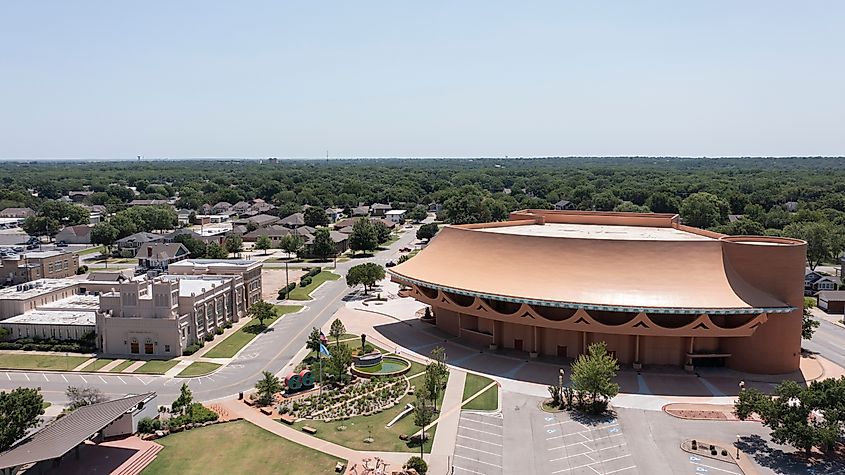 Afternoon sunlight shines on the Bartlesville Community Center in Bartlesville, Oklahoma