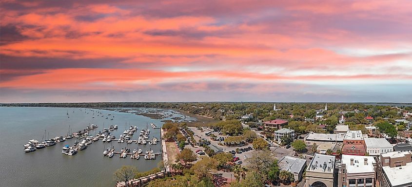 Aerial view of Beaufort, South Carolina at sunset.