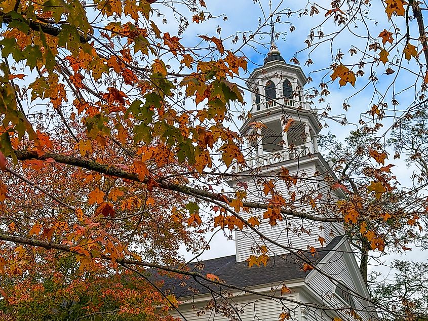 Steeple of the Unitarian Universalist Congregation of Castine, Maine.