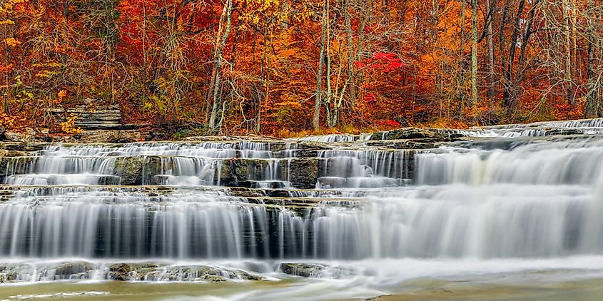 A view of the upper Cataract Falls cascading down rocks during fall in California