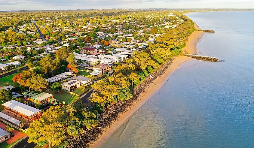 Drone photo of beach, foreshore and ocean taken in Urangan, Hervey Bay, Queensland