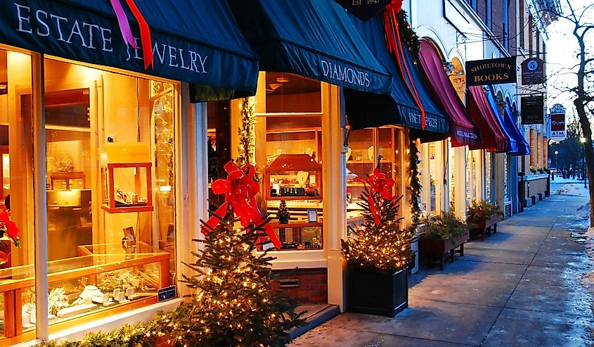 Festive decor in downtown Woodstock shops.