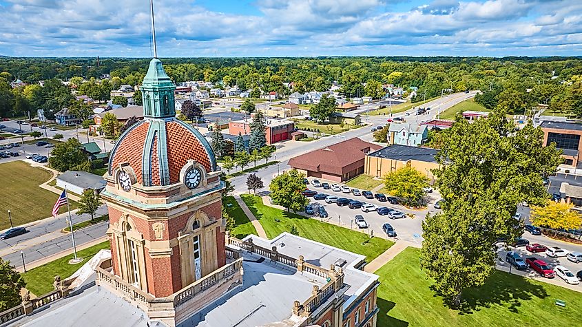 Aerial view of Elkhart Courthouse in Goshen, Indiana
