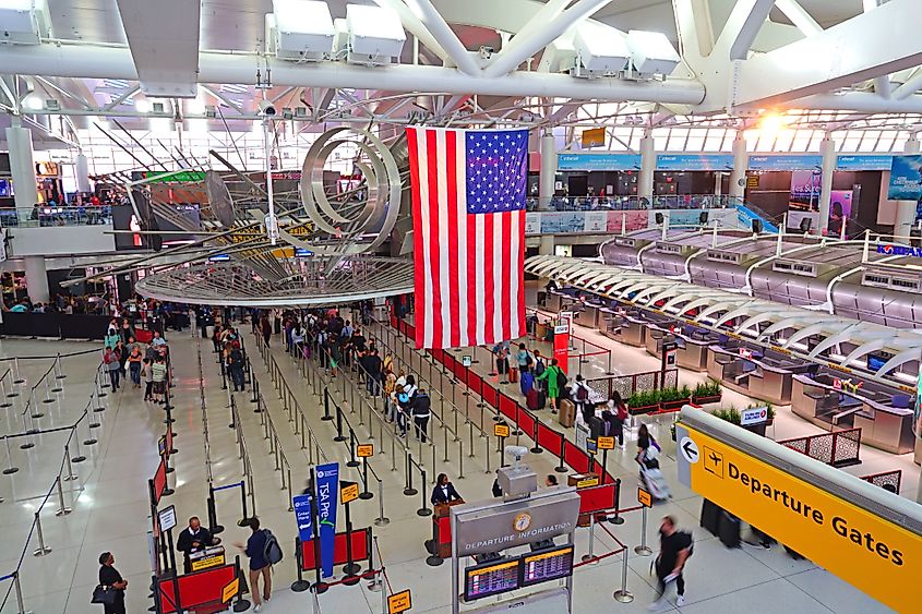 View of a giant American flag inside Terminal 1 at the John F. Kennedy International Airport