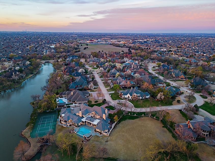 Aerial view of the beautiful sunrise landscape over Edmond area in Oklahoma