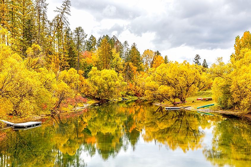 Autumn scene of the Whitefish River, Montana with colorful foliage.