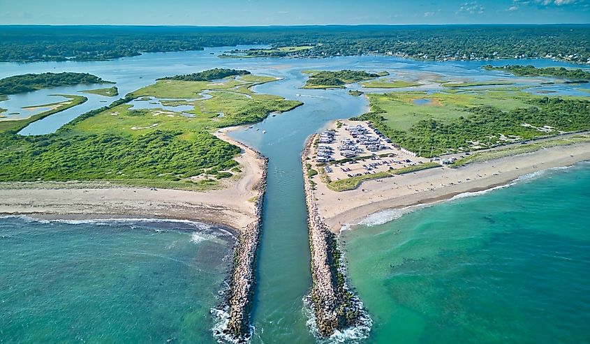 The sandy beach in Charlestown of Rhode Island