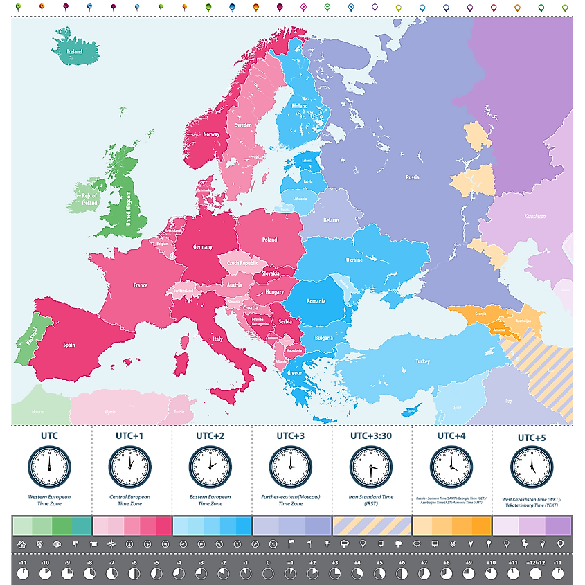 Сколько времени в европе в настоящее время. Карта часовых поясов Европы. Временные зоны Европы. Карта временных зон Европы. Часовые зоны Европы.