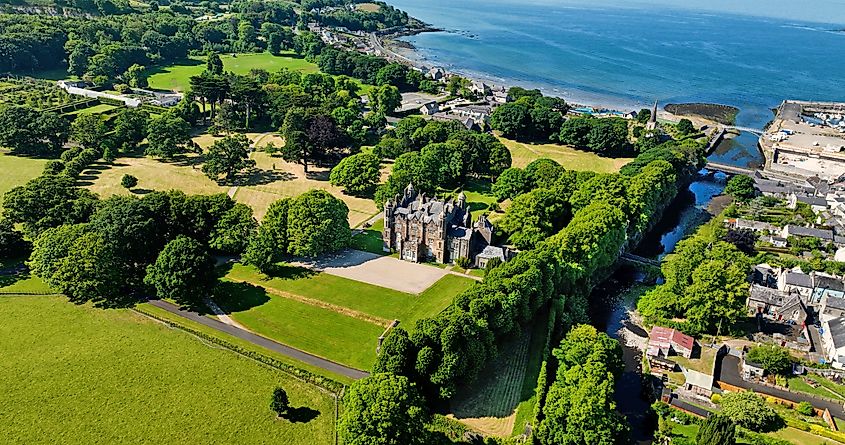 Aerial photo of Glenarm Castle in County Antrim, Northern Ireland.