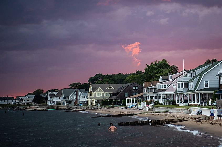 Blue hour after sunset in Madison, Connecticut, from East Wharf beach.