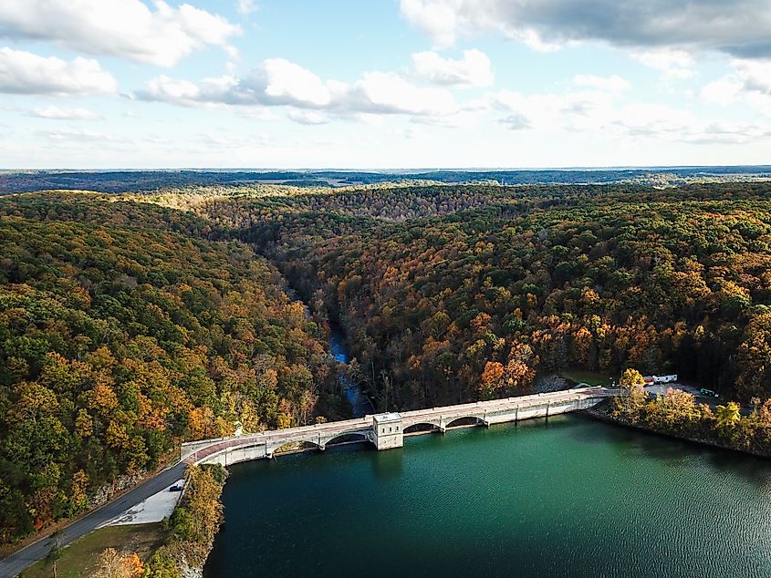 Aerial of Pretty Boy Reservoir Dam in Hampstead, Maryland during Fall