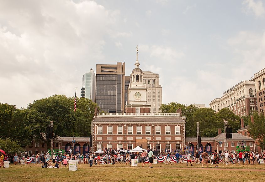 People celebrating Independence Day in front of the Independence Hall in Philadelphia, Pennsylvania.