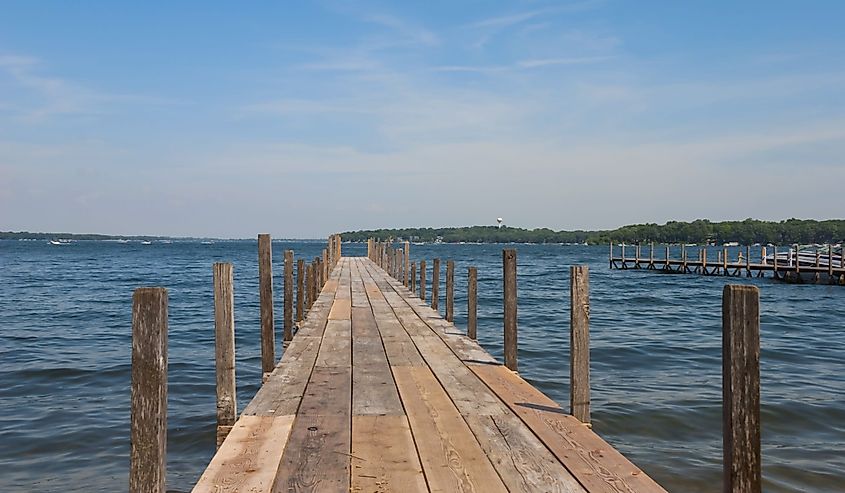 Pier on Lake Spirit at bright summer day, Arnolds Park, Iowa, USA