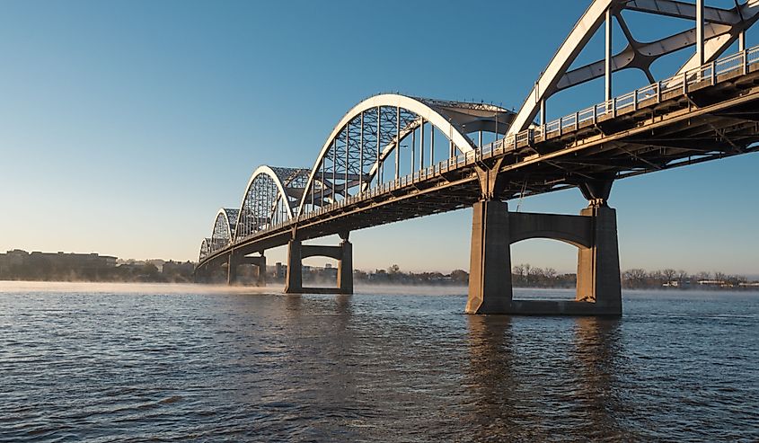 The Century Bridge crosses the Mississippi River from Davenport, Iowa, to Moline, Illinois