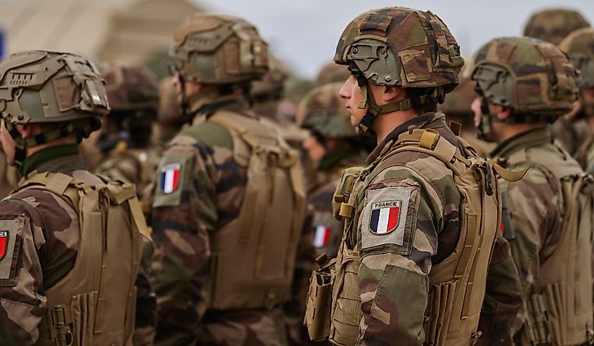 Detail view of the French Army uniform worn by soldiers in a military base