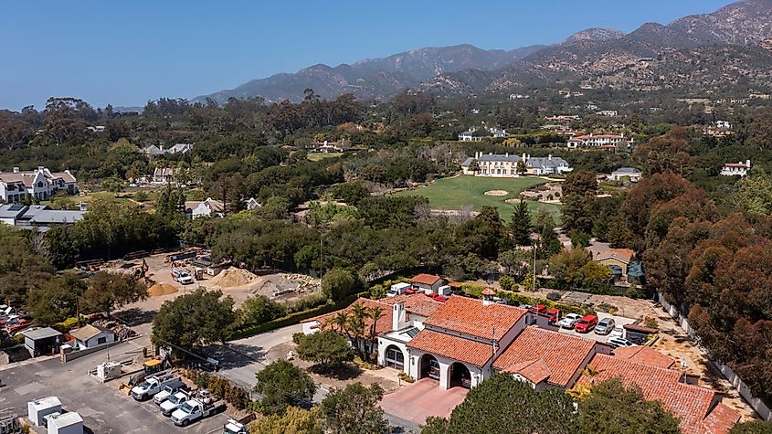 Daytime aerial view of downtown Montecito, California
