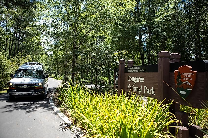 White Camper Van at Congaree National Park entrance in South Carolina