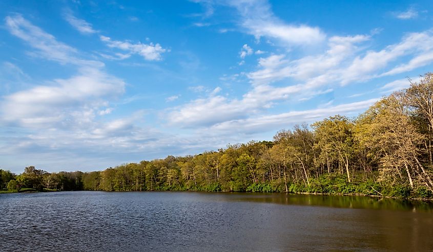 Beautiful scenic view from the West dam on Patriot`s Park Lake, near Greenville, IL.