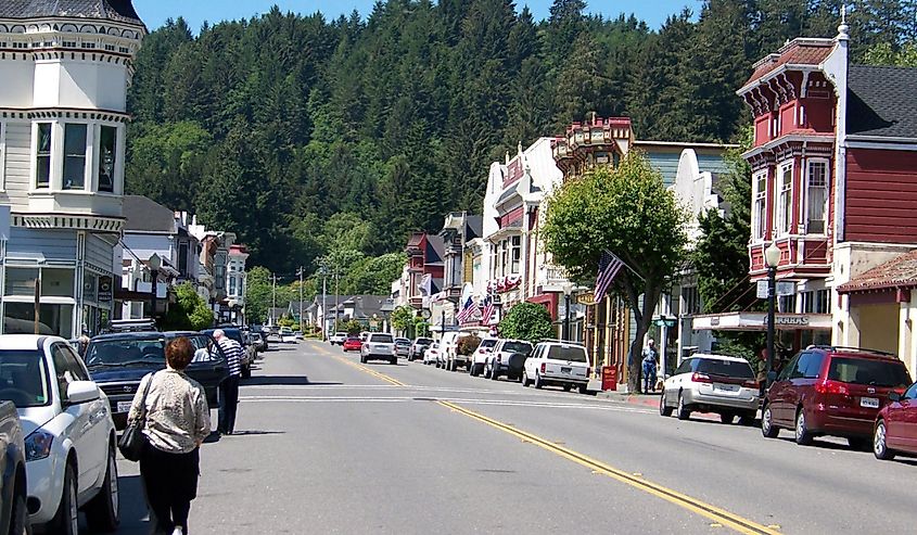 People and cars on a Street in Ferndale, California