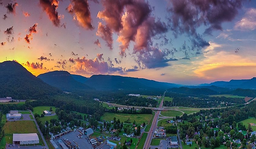 A view of Dayton, Tennessee, at sunset.